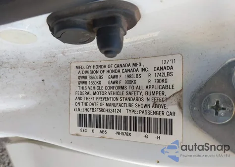 2012 Honda Civic Lx из США, поврежденный, VIN 2HGFB2F58CH324124